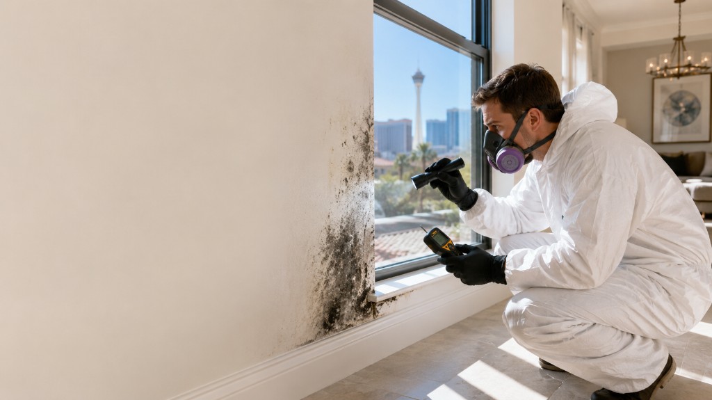Certified mold inspector in Tyvek suit inspecting mold near window with Las Vegas skyline visible